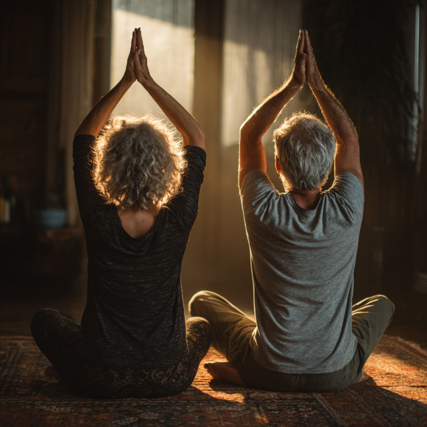 Professzionális jóga oktató segíti idősebb hölgyeket