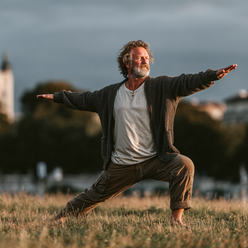 Csoportos jógaóra boldog idősebb résztvevőkkel